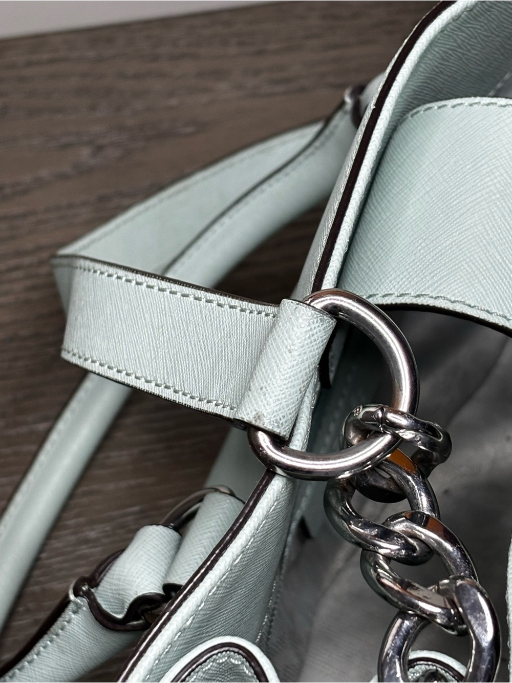 Michael Kors Hamilton Mint Green Saffiano Leather Satchel Tote Silver Lock Bag - Picture 6 of 16